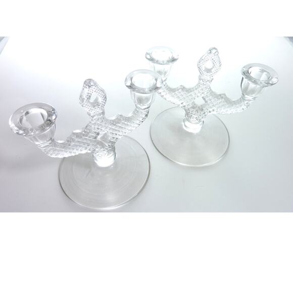 Vintage Double Light Clear Glass Candle Holder Hobnail Two Light Candelabra Pair - Picture 2 of 4